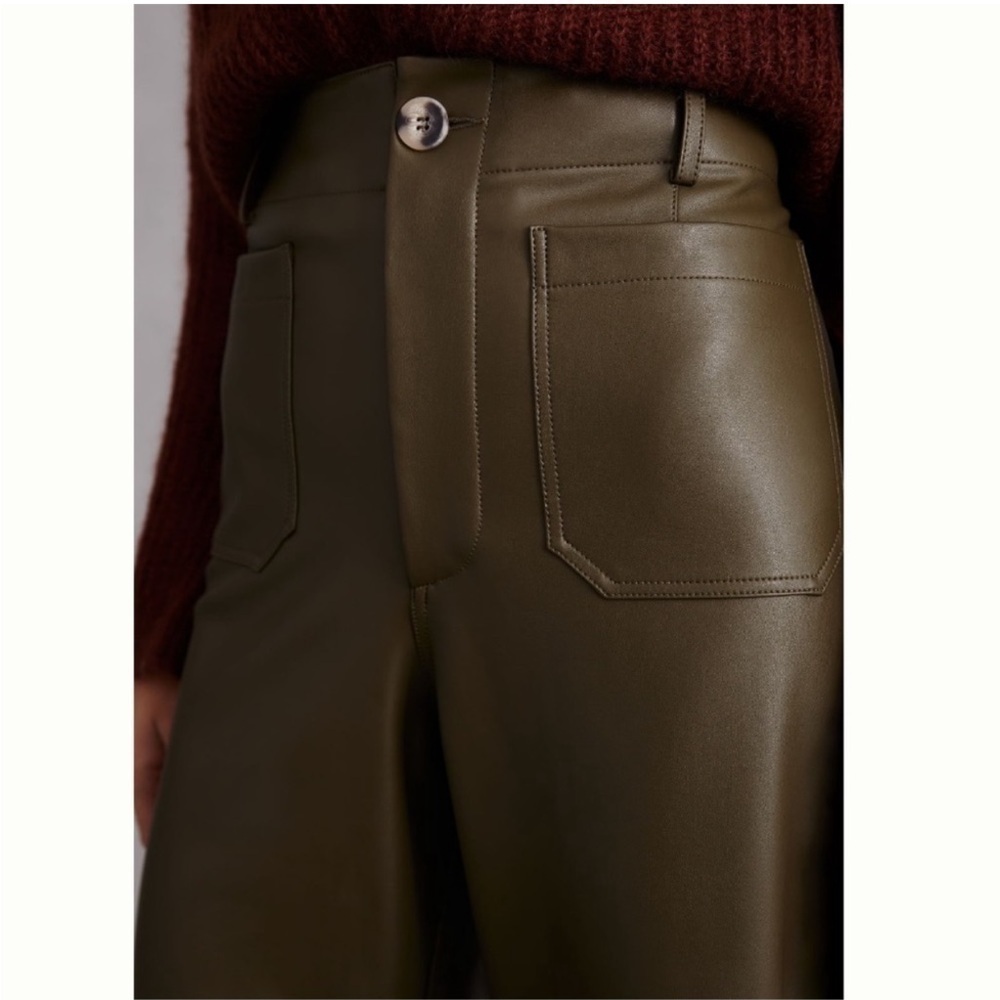 Anthropologie Maeve Colette Cropped Wide Leg Faux Leather Pants olive color - Picture 2 of 11